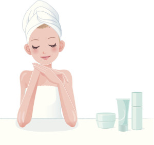Beautiful girl in towel applying moisturizing lotion. File contains Gradients, Clipping mask, Blending tool.